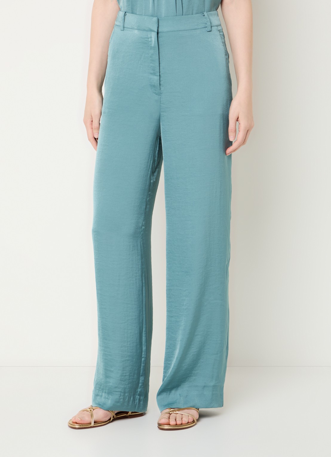 ba&sh Solveig high waist wide fit pantalon van satijn met steekzakken - detail zeegroen