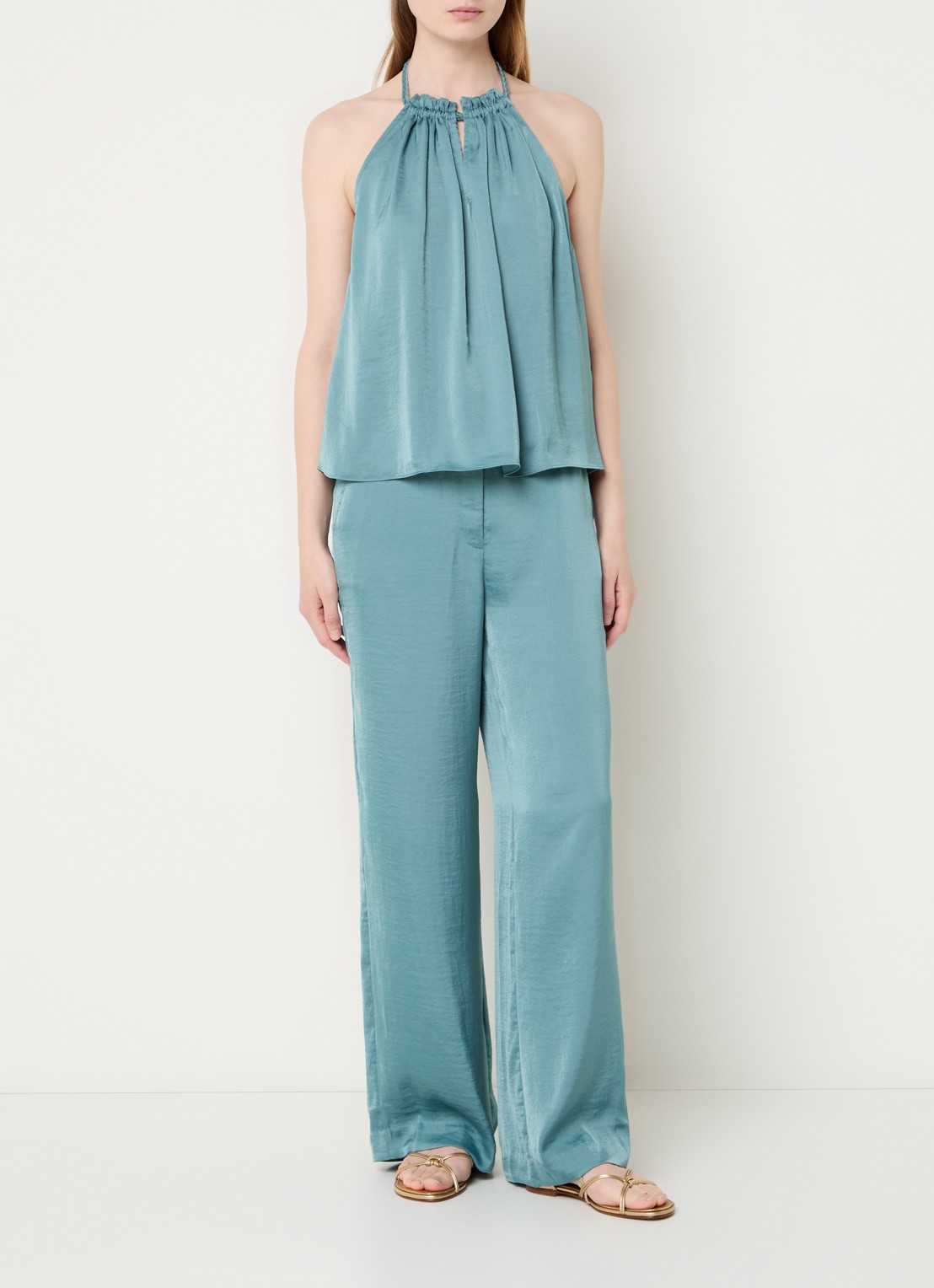 ba&sh Solveig high waist wide fit pantalon van satijn met steekzakken - voorkant 4 zeegroen