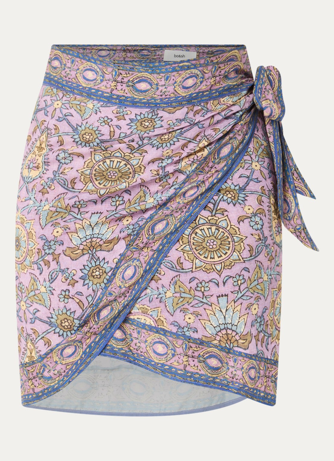 ba&sh Sorenzo mini rok met strikceintuur en print - voorkant lila