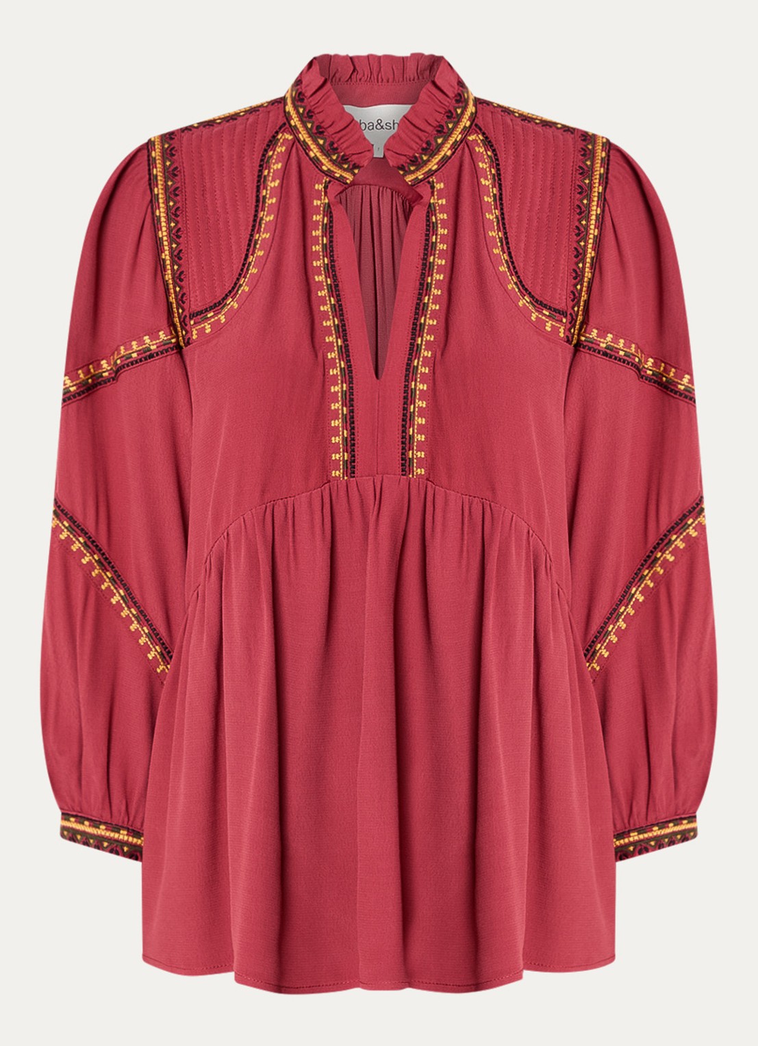 ba&sh Talsie tuniek met borduring en ruches - voorkant 2 donkerrood