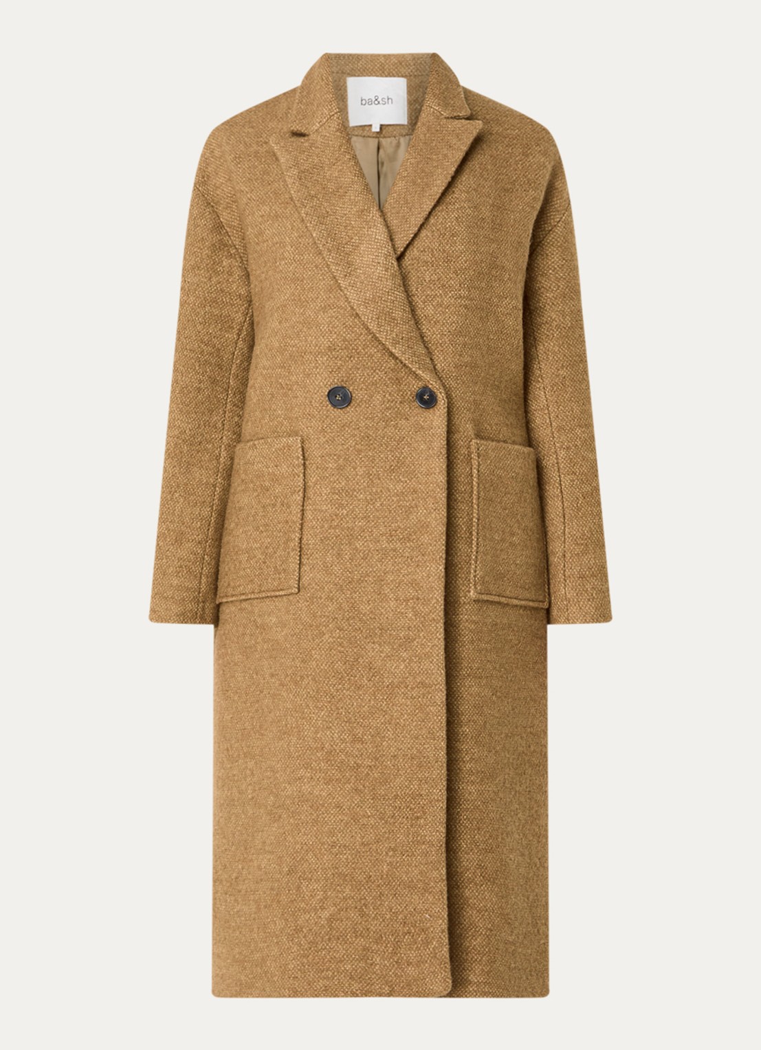 ba&sh Tao double-breasted mantel in scheerwolblend met opgestikte zakken - voorkant camel