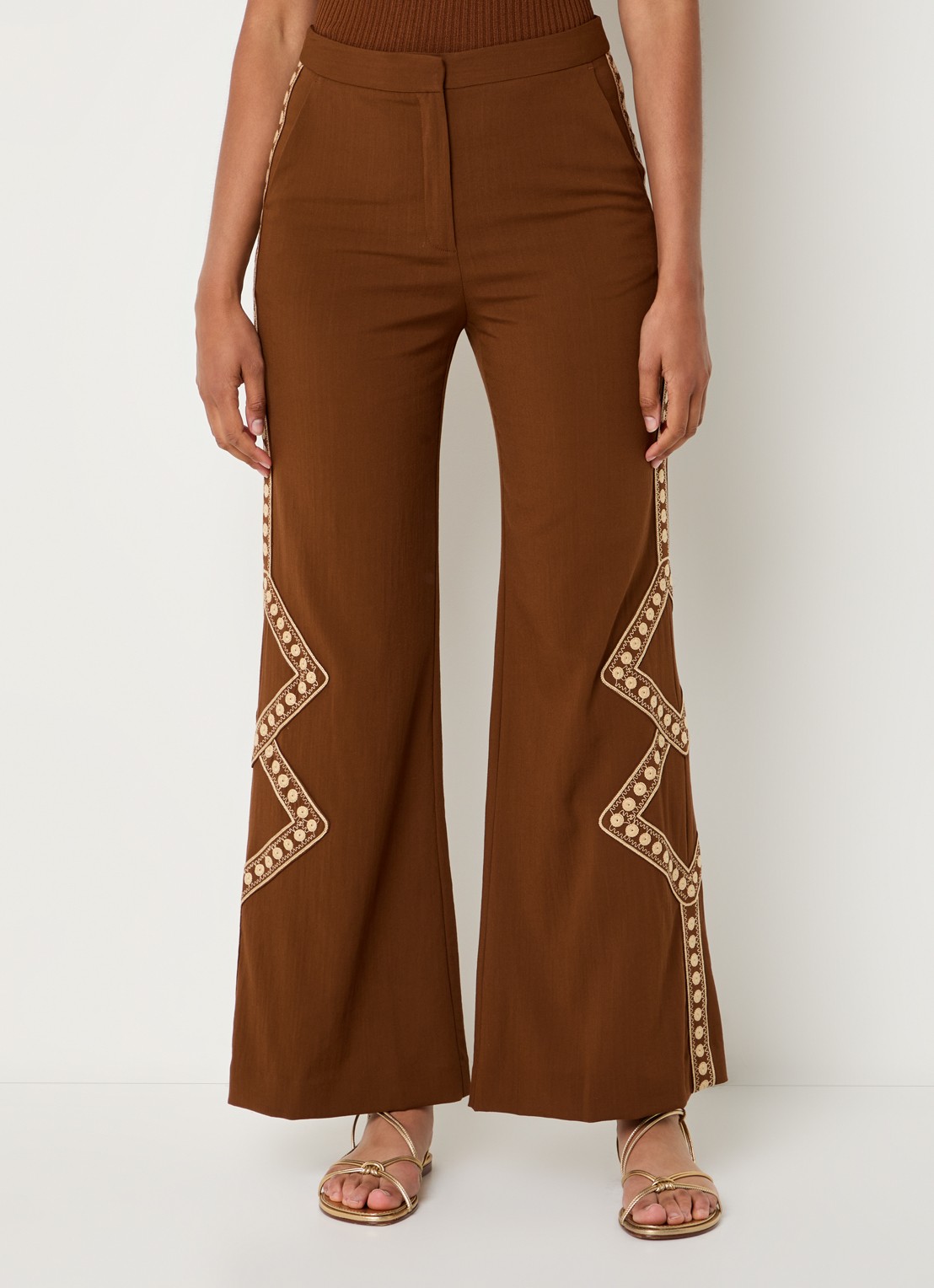 ba&sh Taos high waist flared fit pantalon met borduring - detail 3 bruin