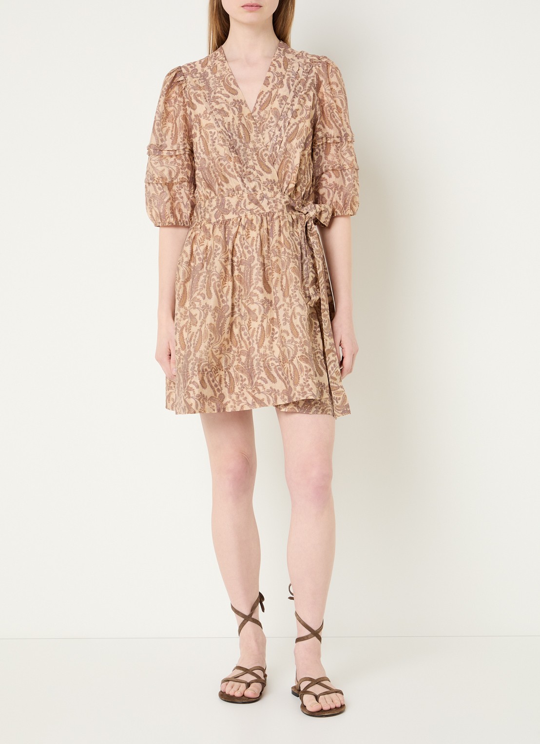 ba&sh Teodora mini jurk met bloemenprint - voorkant 4 donkerbeige