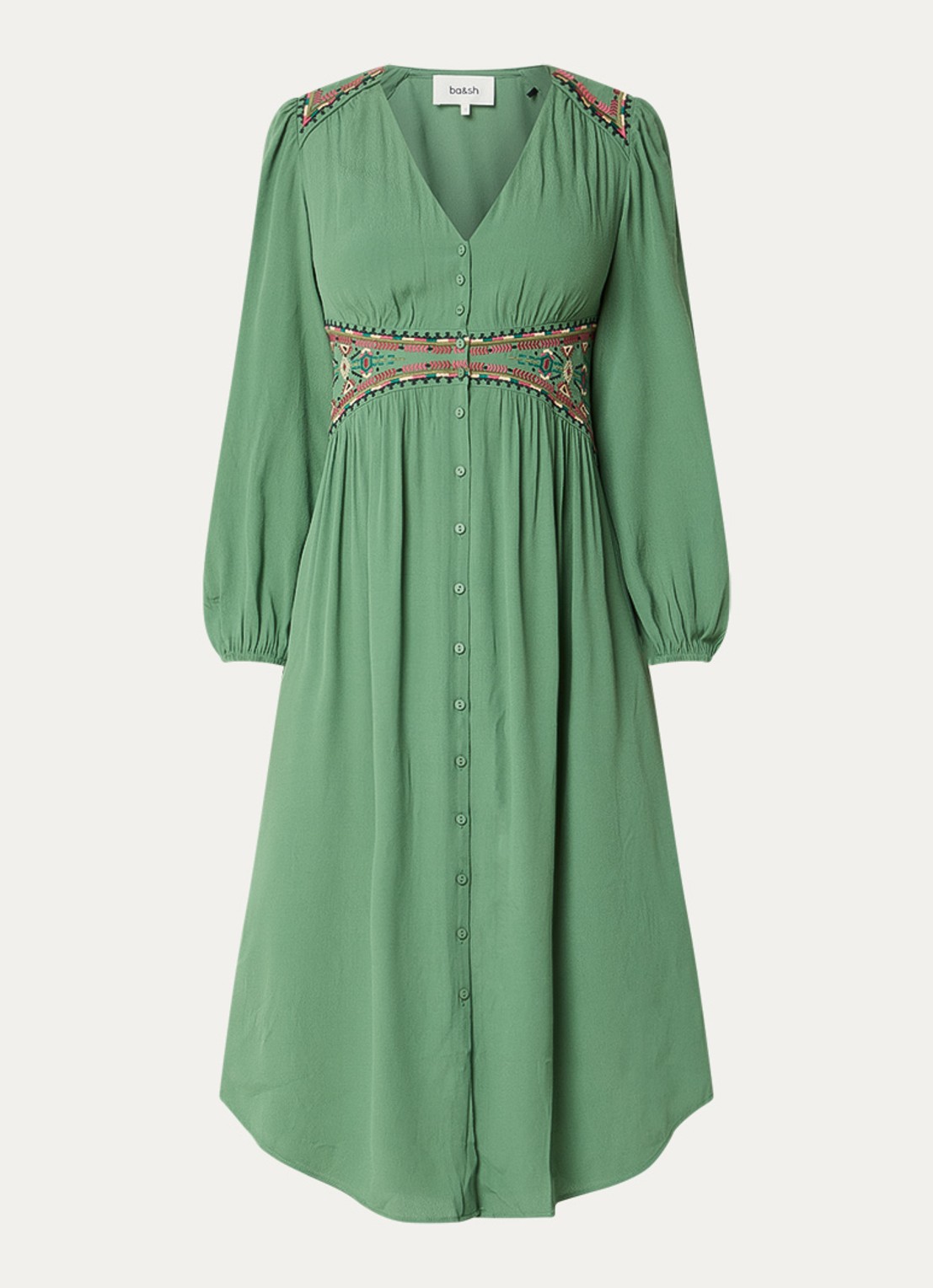 ba&sh Tina blousejurk met borduring - voorkant groen
