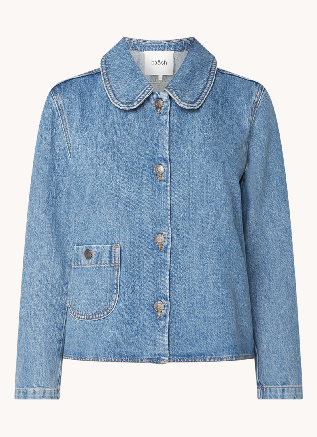 ba&sh Tiny spijkerjas met klepzak  - voorkant indigo