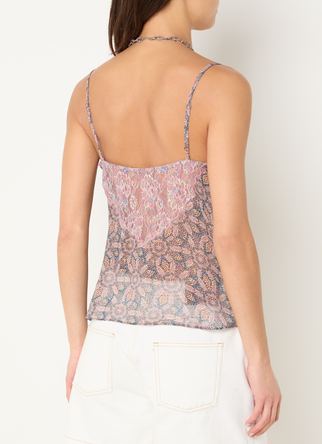 ba&sh Tizy semi-transparante top met print en details van kant - achterkant oudroze
