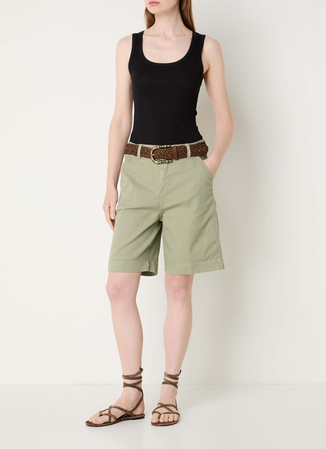 ba&sh Todd high waist wide fit korte broek van denim  - voorkant 2 khaki