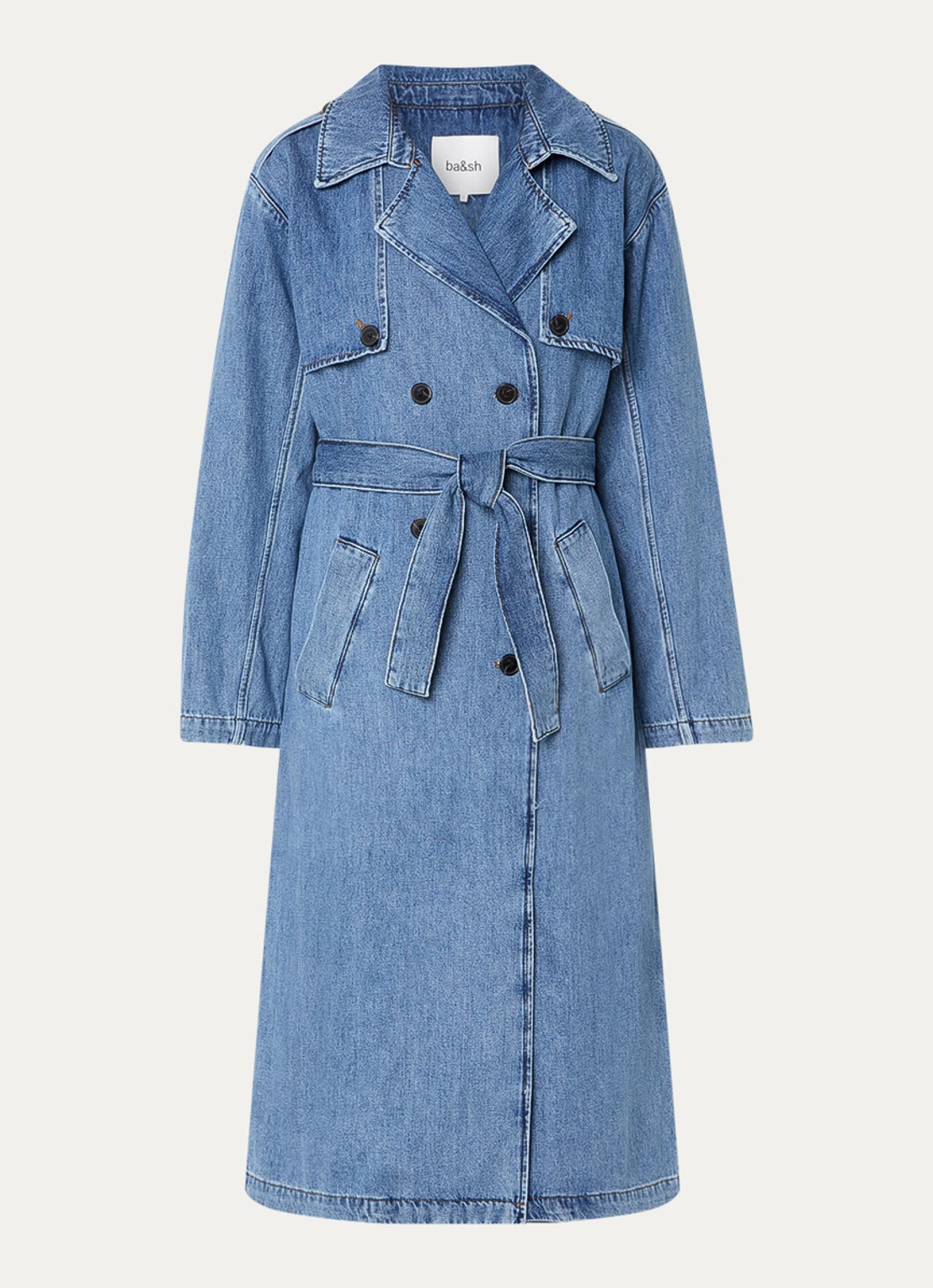 ba&sh Tresca double-breasted trenchcoat van denim met ceintuur - voorkant indigo