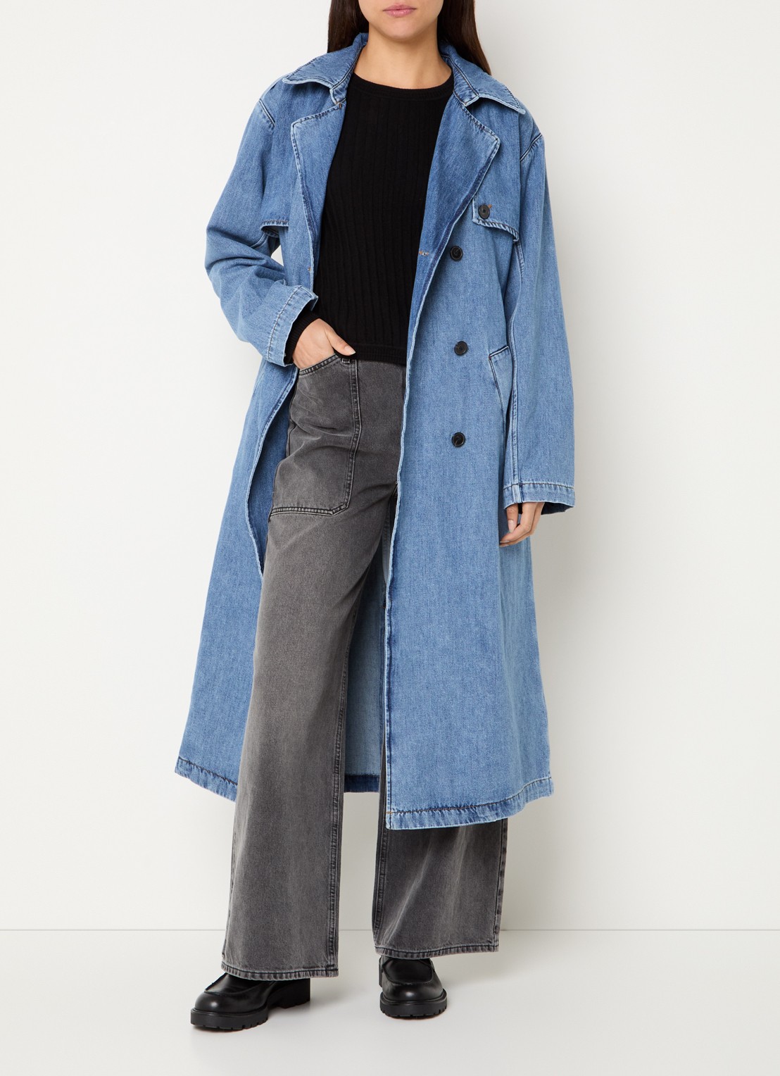 ba&sh Tresca double-breasted trenchcoat van denim met ceintuur - voorkant 2 indigo