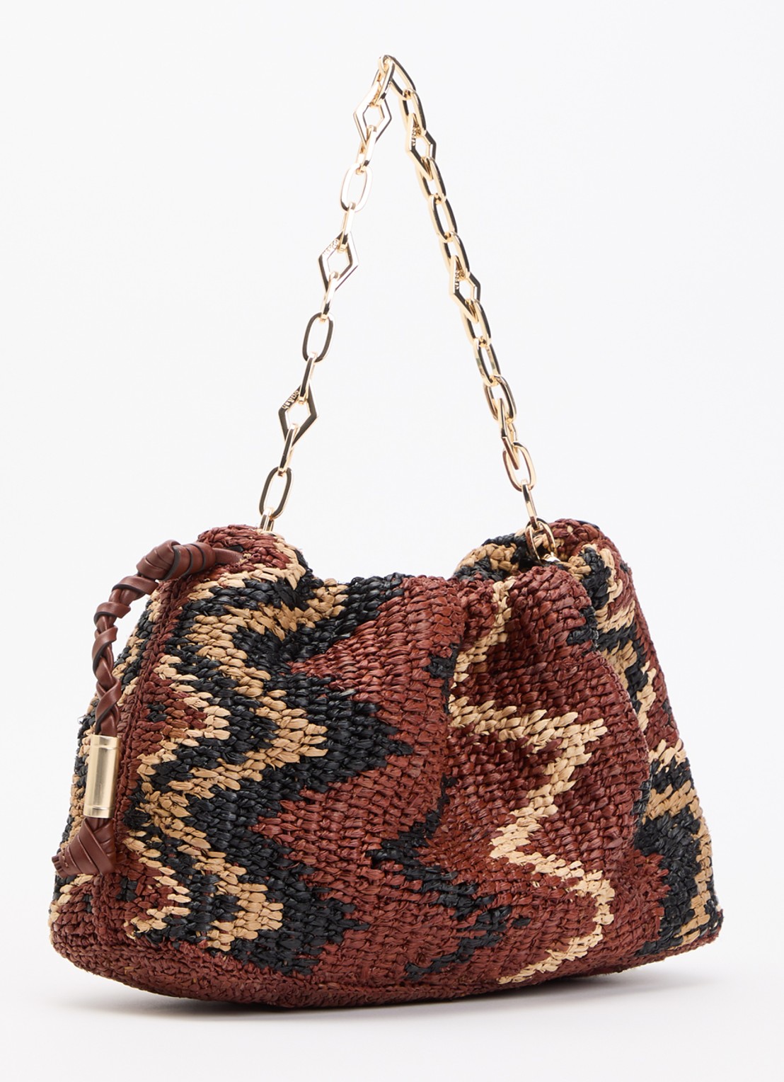 ba&sh Tribal June schoudertas van raffia met print - achterkant 2 roodbruin