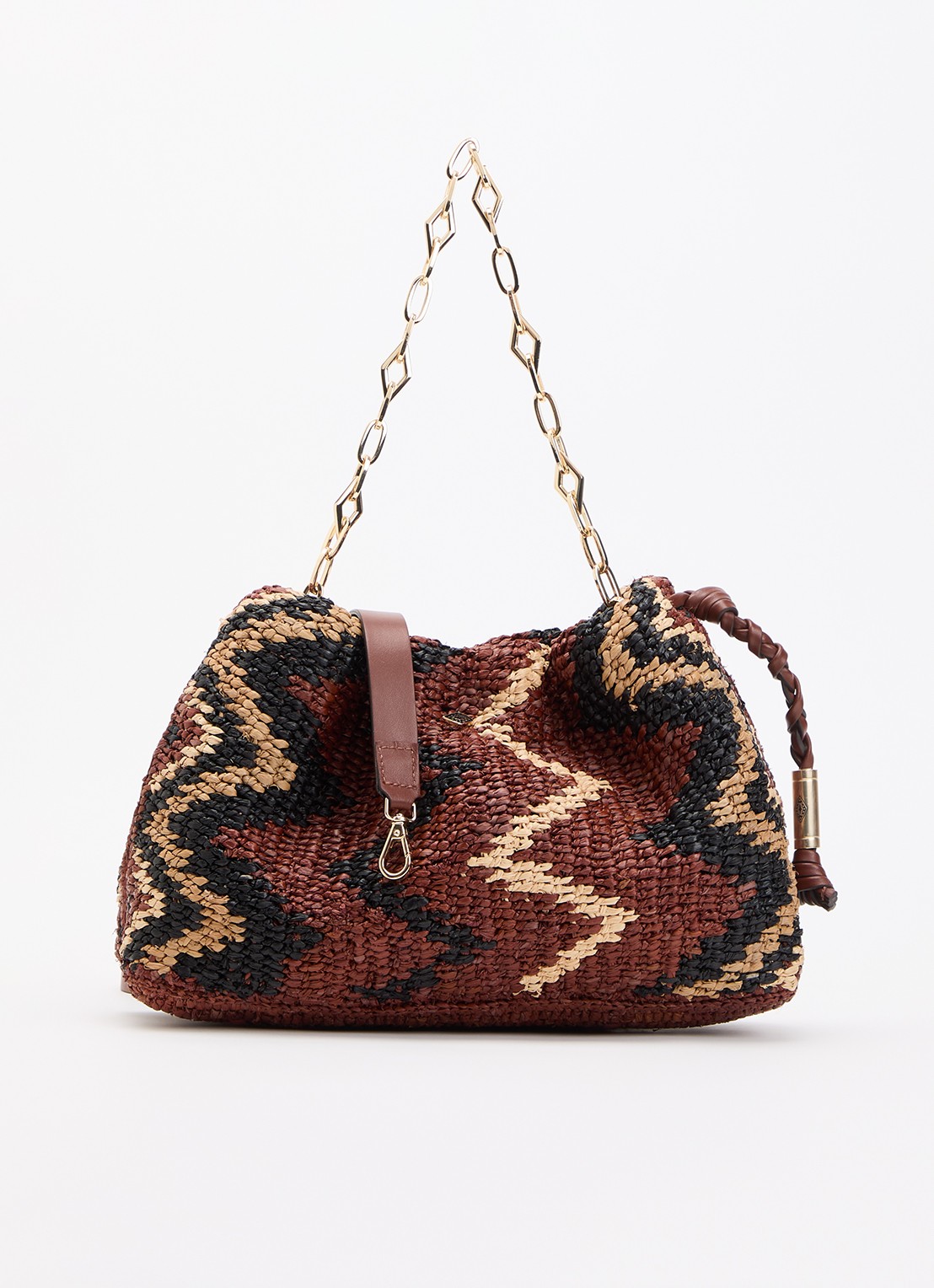 ba&sh Tribal June schoudertas van raffia met print - voorkant roodbruin