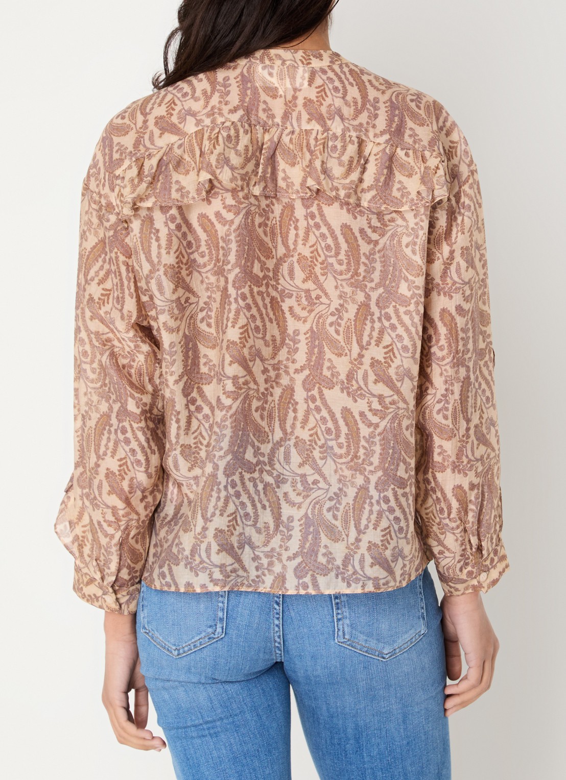ba&sh Tunella blouse met paisley dessin en volant - achterkant 4 donkerbeige