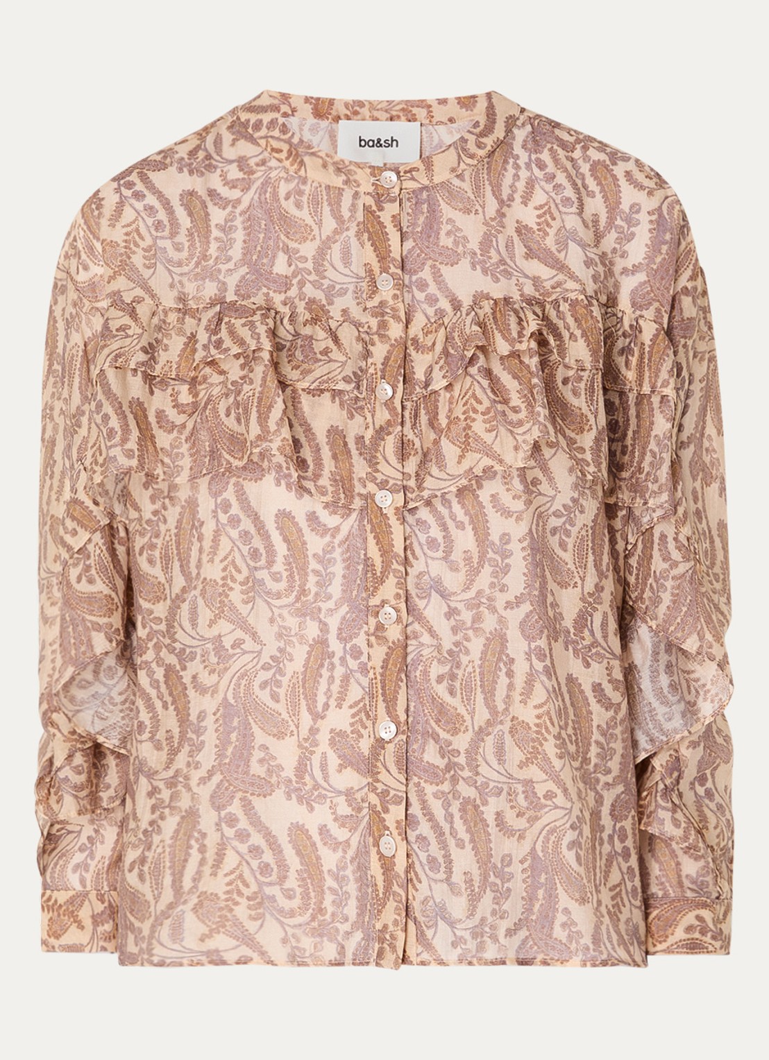 ba&sh Tunella blouse met paisley dessin en volant - voorkant donkerbeige