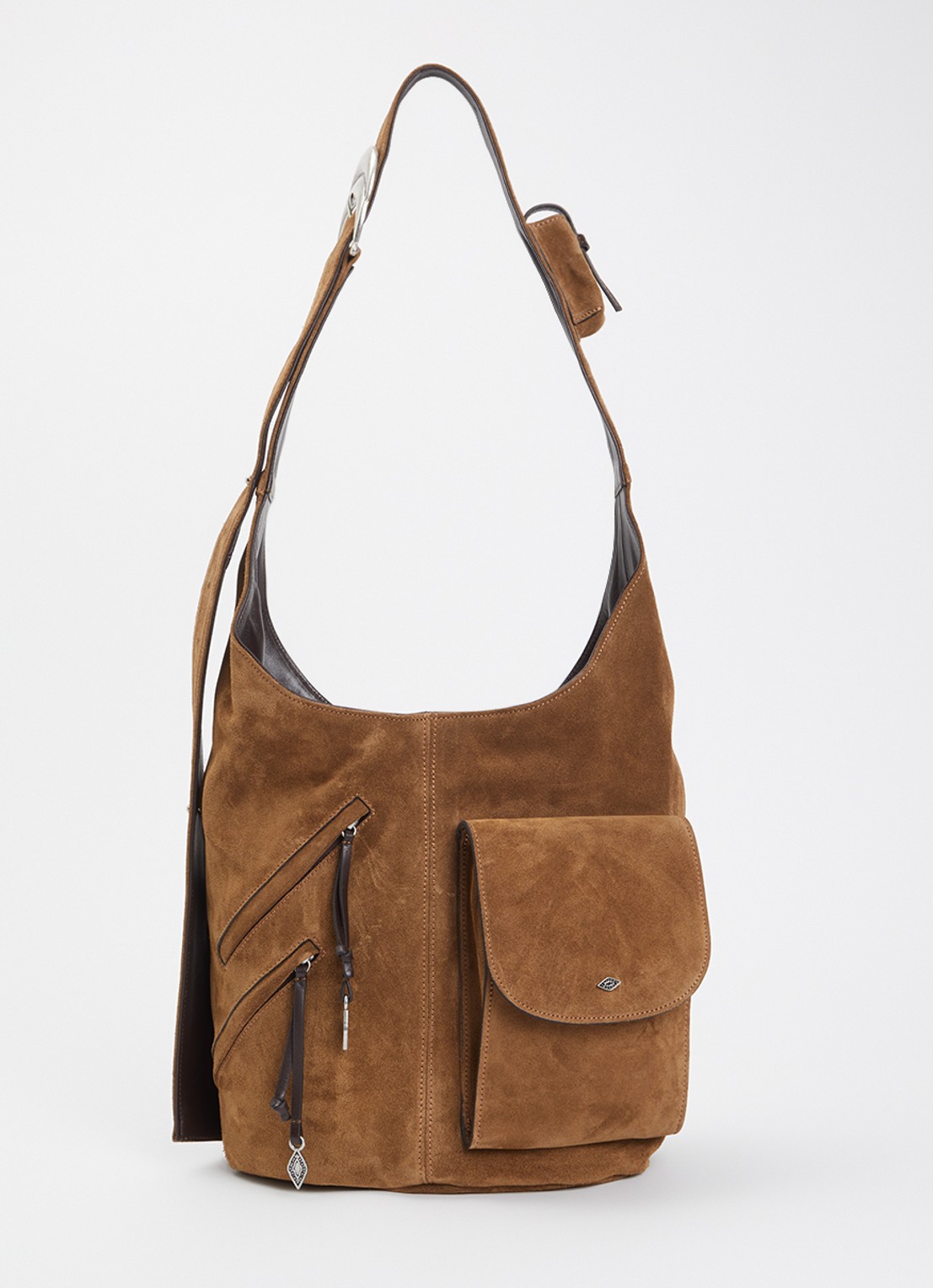 ba&sh YouYou crossbodytas van kalfssuède met verstelbare schouderriem - voorkant 5 cognac