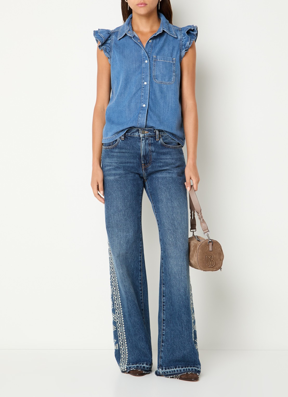 ba&sh Yoyo blouse van denim - voorkant 4 blauwgrijs