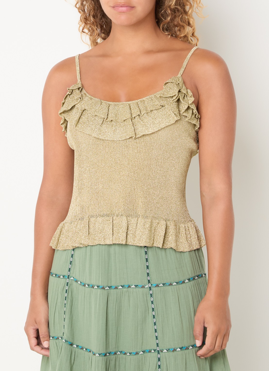 ba&sh Zaria spaghettitop met lurex en volant - detail 4 goud
