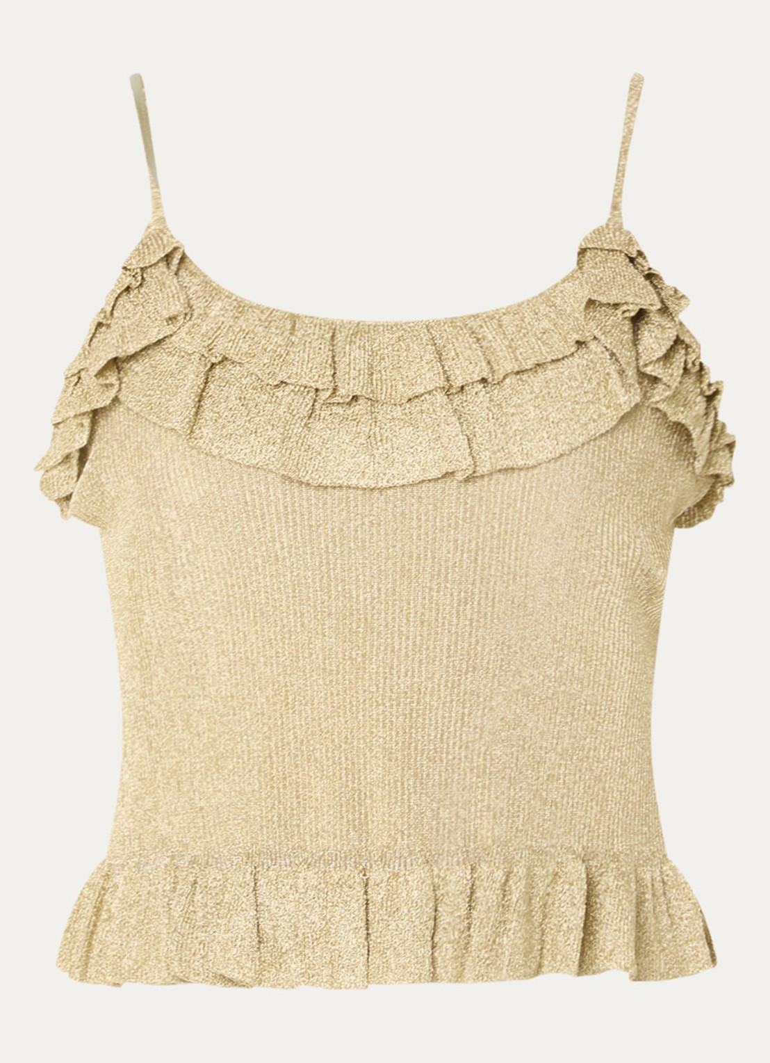 ba&sh Zaria spaghettitop met lurex en volant - voorkant 2 goud