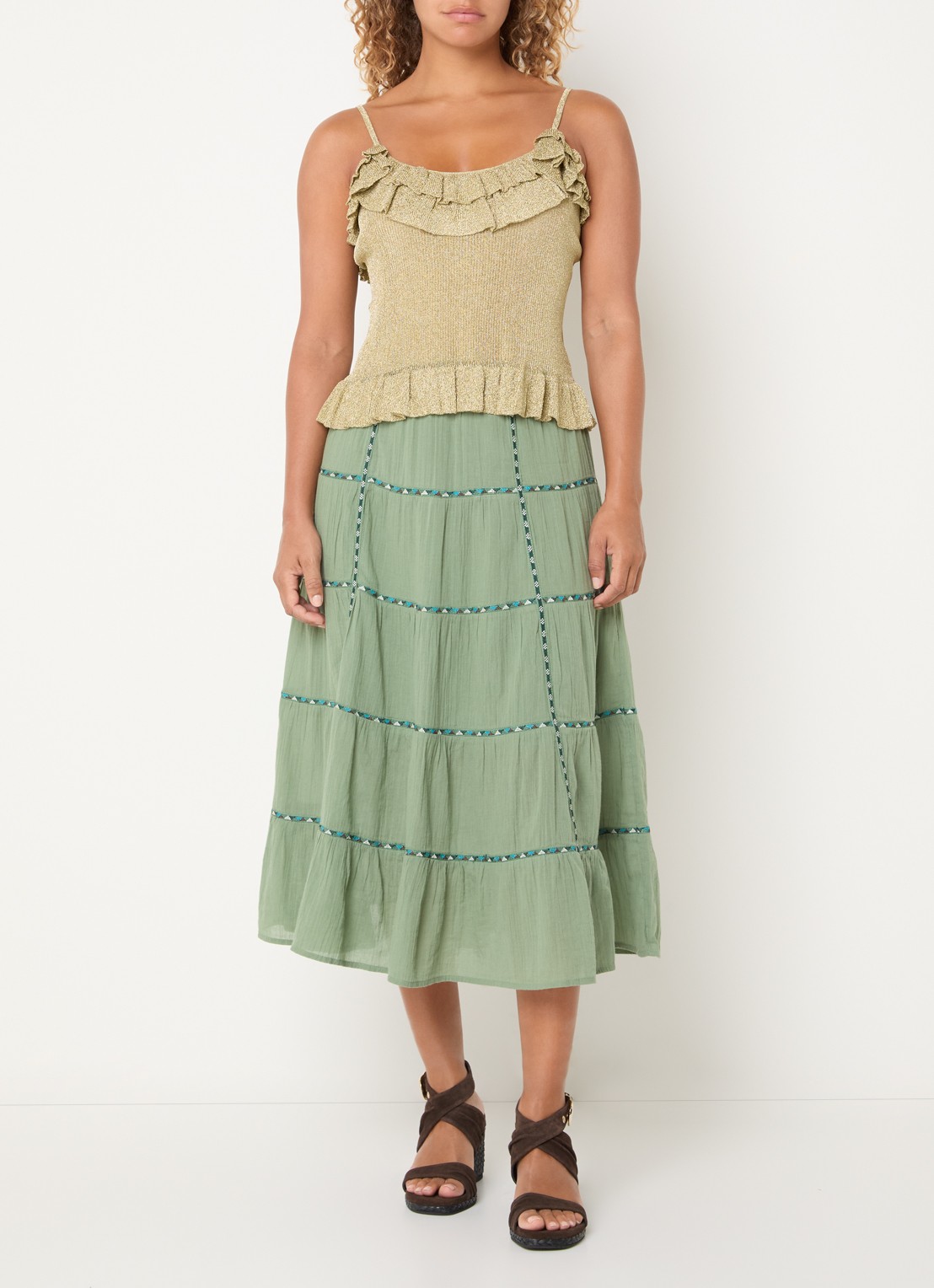 ba&sh Zaria spaghettitop met lurex en volant - voorkant 3 goud