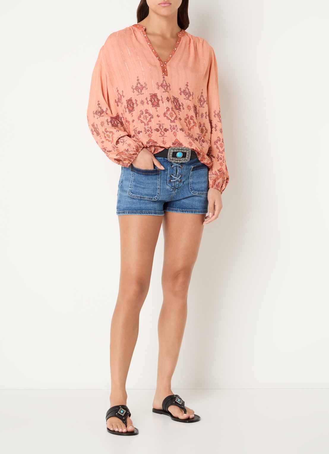 ba&sh Zato blouse met print - voorkant 4 zalmroze