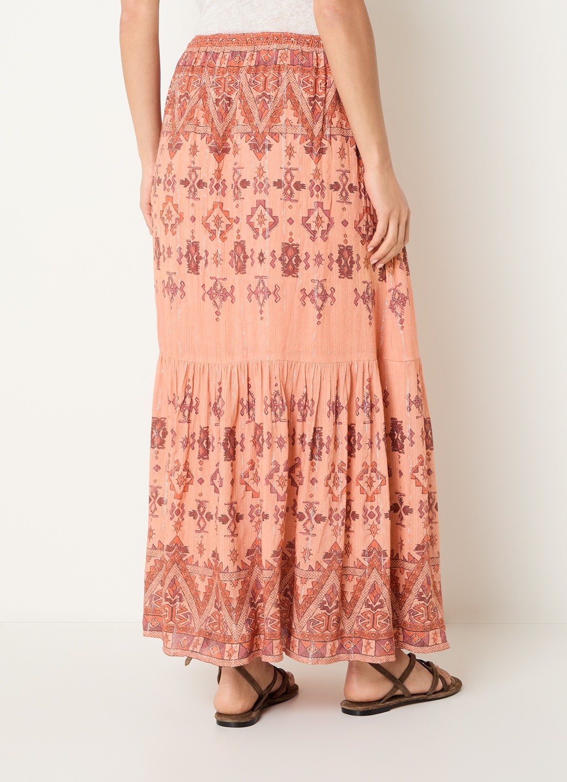 ba&sh Zaya maxi rok met lurex en print - achterkant abrikoos