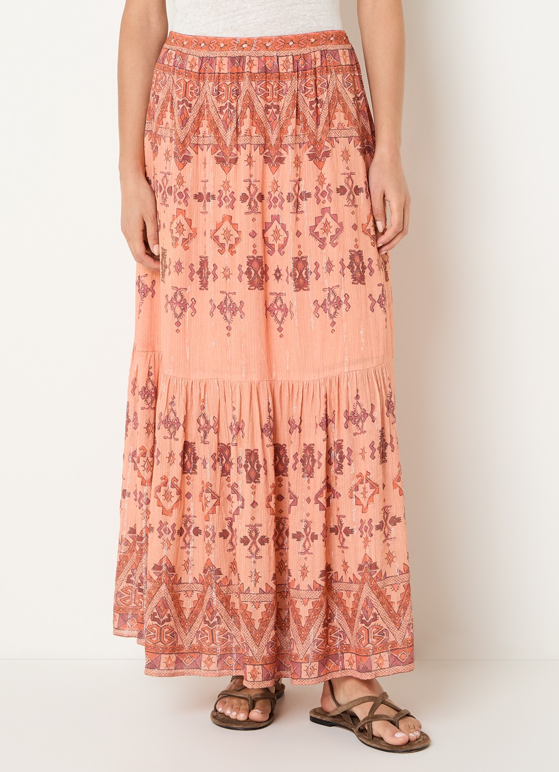 ba&sh Zaya maxi rok met lurex en print - detail 2 abrikoos