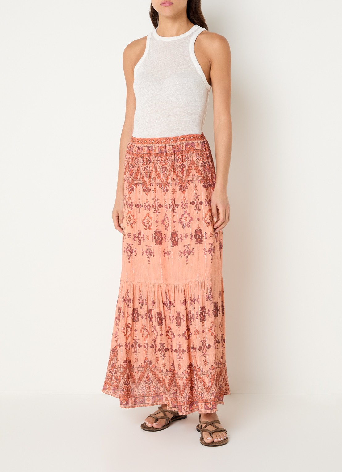 ba&sh Zaya maxi rok met lurex en print - voorkant 4 abrikoos