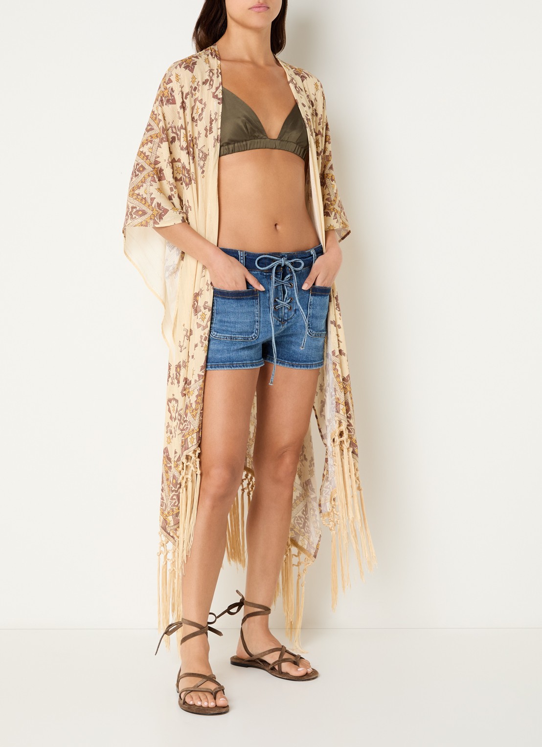 ba&sh Zelma poncho met grafische print en lurex  - voorkant 2 lichtgeel
