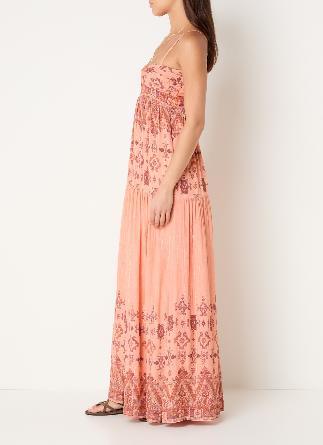 ba&sh Zema off-shoulder maxi jurk met print - voorkant 3 abrikoos