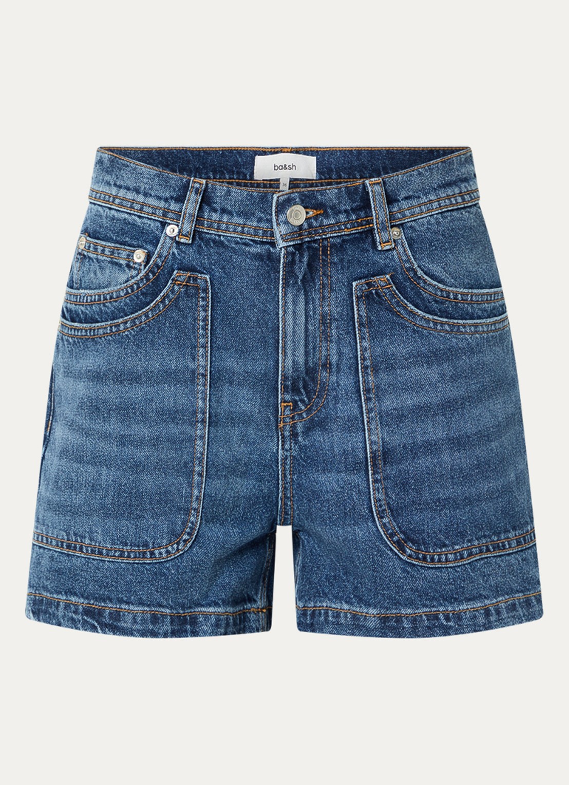 ba&sh Zevy high waist straight fit korte broek van denim - voorkant indigo