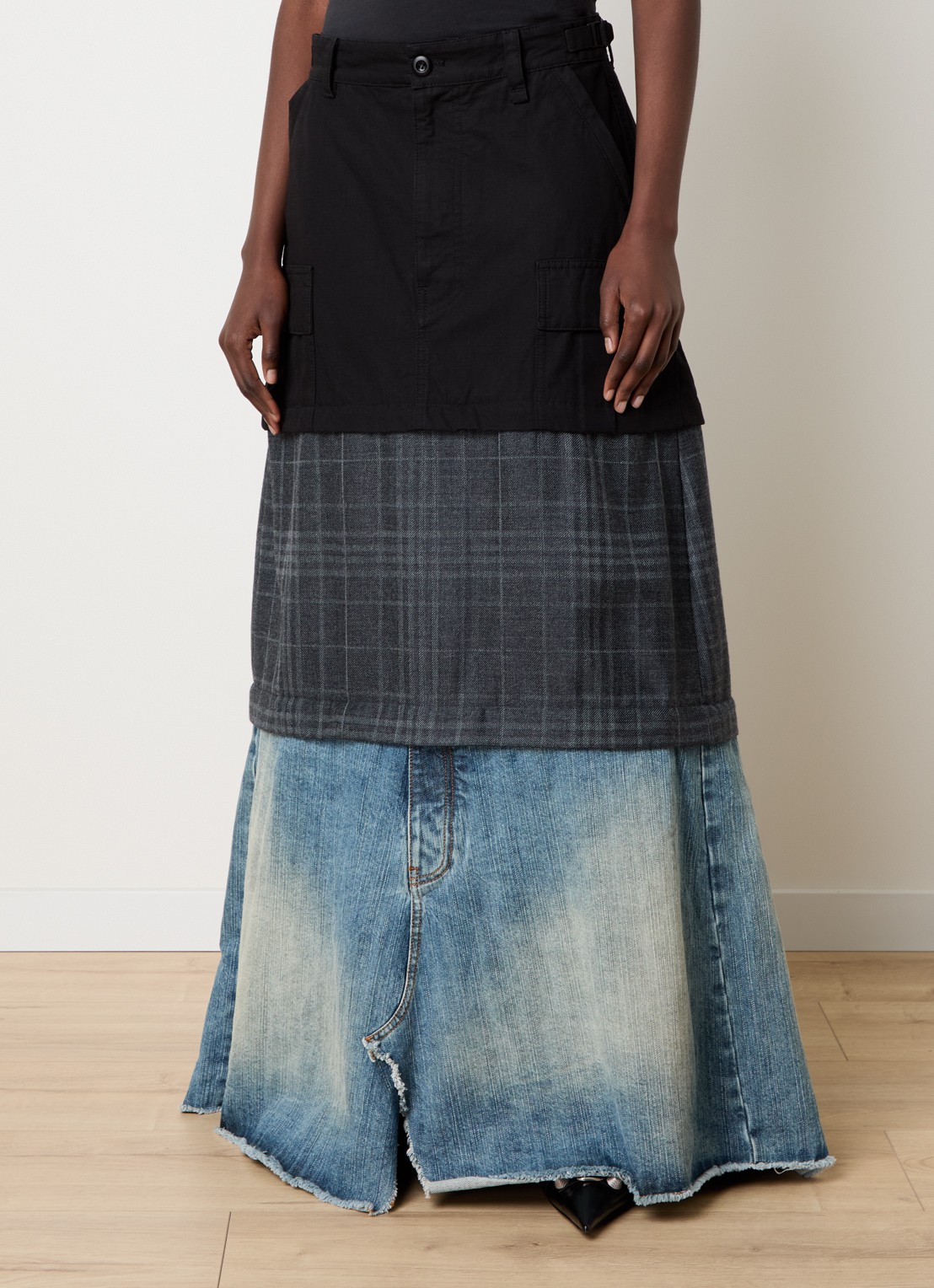 Balenciaga 3-in-1 maxi rok in wolblend met details van denim - detail 4 zwart