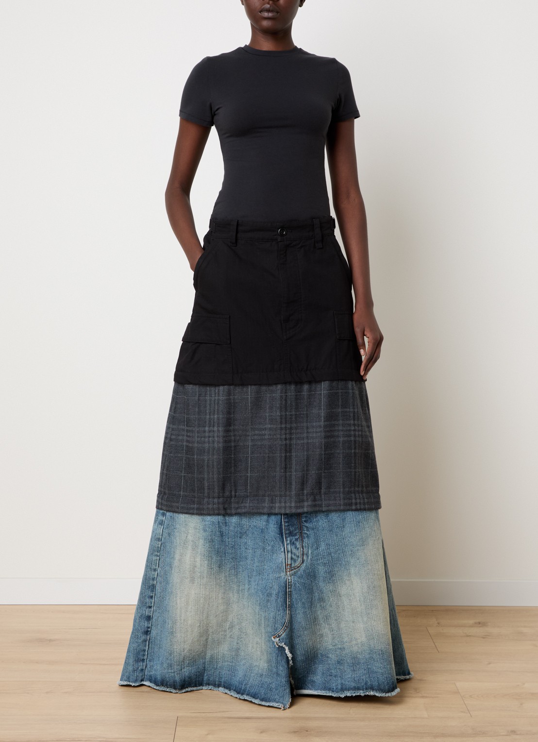 Balenciaga 3-in-1 maxi rok in wolblend met details van denim - voorkant 2 zwart