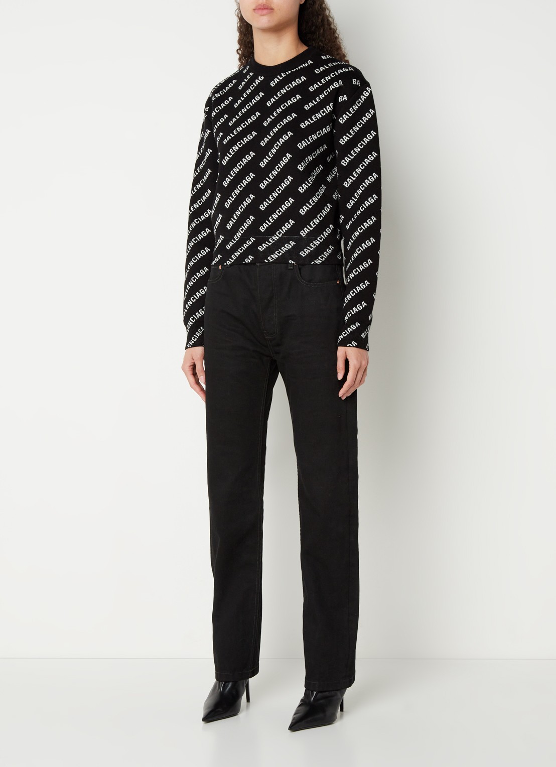 Balenciaga Fijngebreide pullover in wolblend met ingebreid logo - voorkant 4 zwart