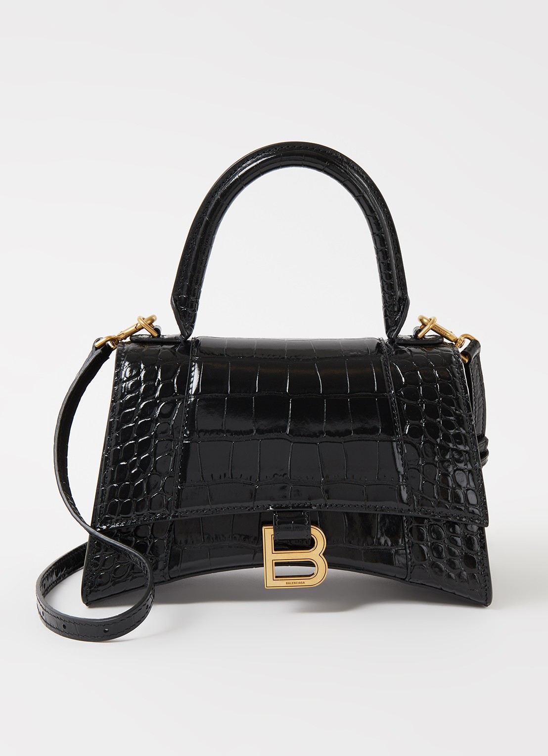 Balenciaga Hourglass S handtas van kalfsleer met crocostructuur - voorkant zwart