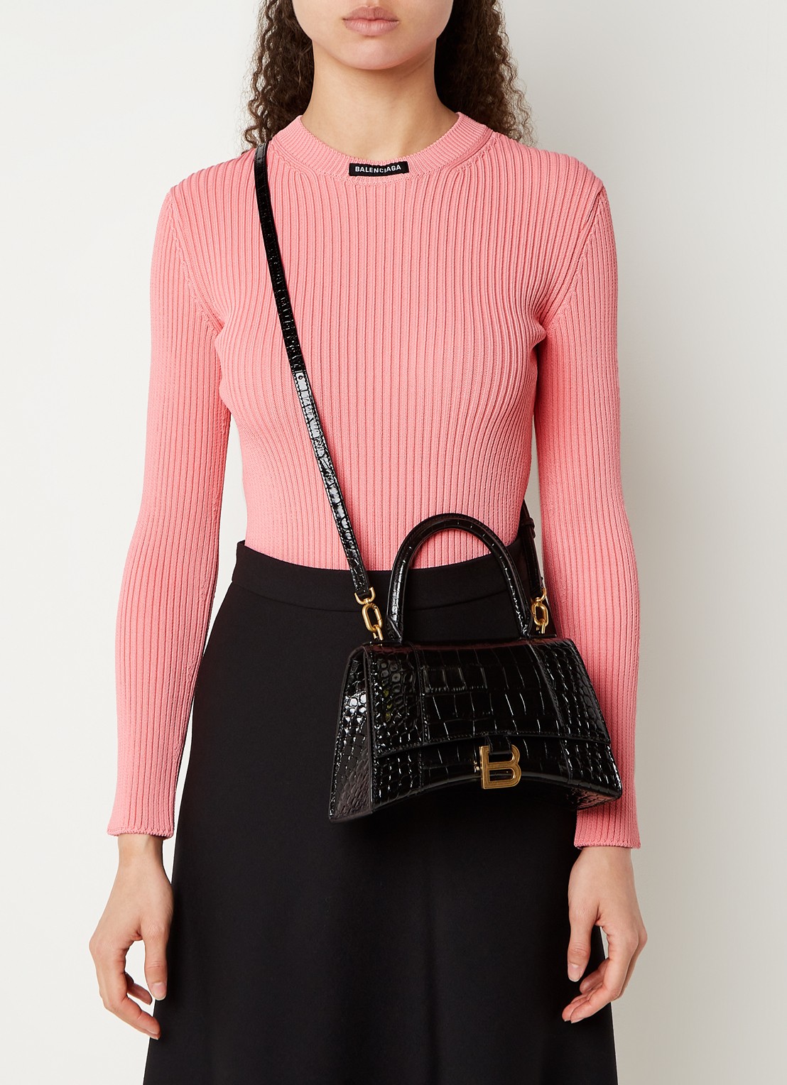 Balenciaga Hourglass S handtas van kalfsleer met crocostructuur - voorkant 2 zwart