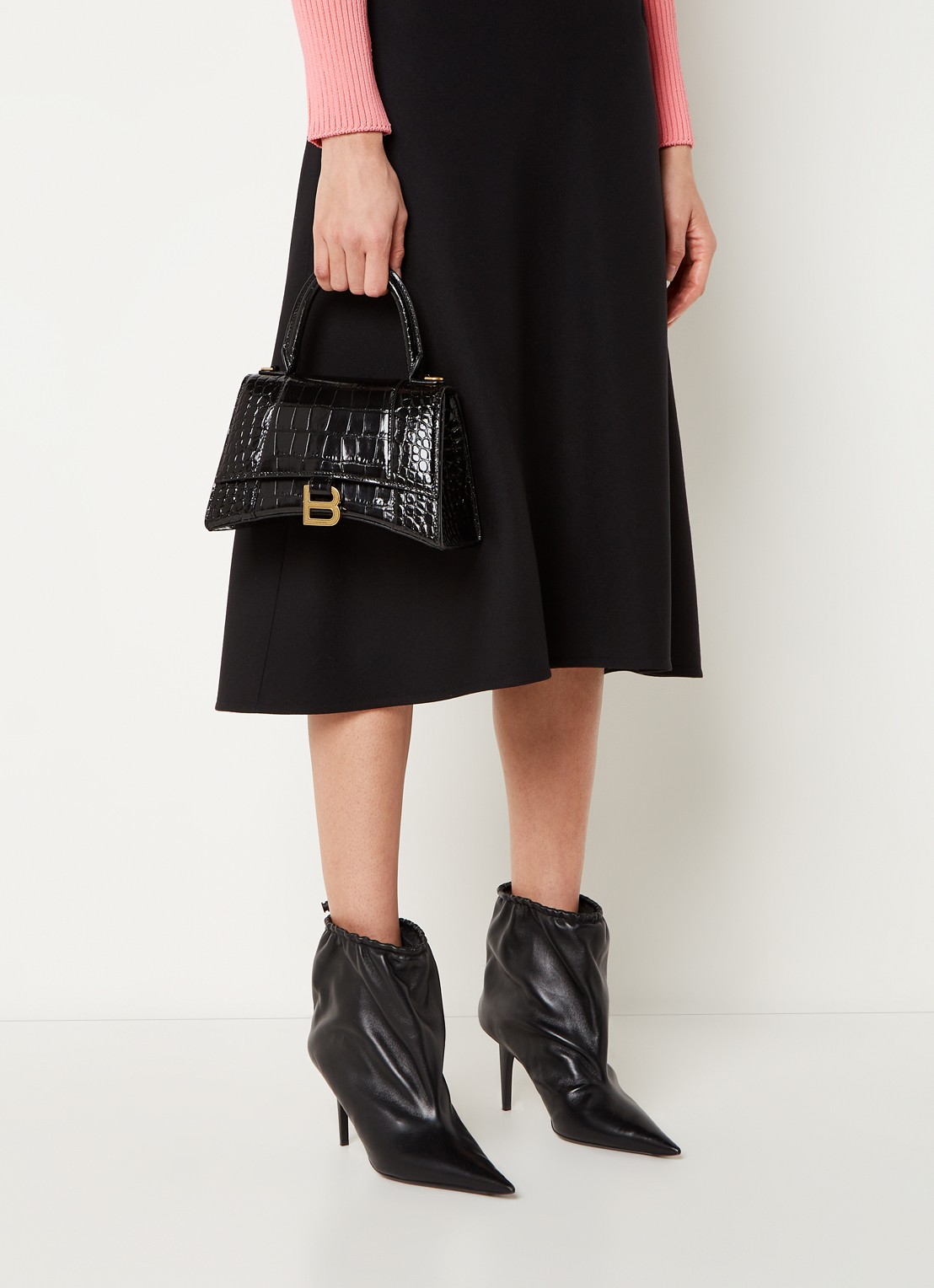 Balenciaga Hourglass S handtas van kalfsleer met crocostructuur - voorkant 3 zwart