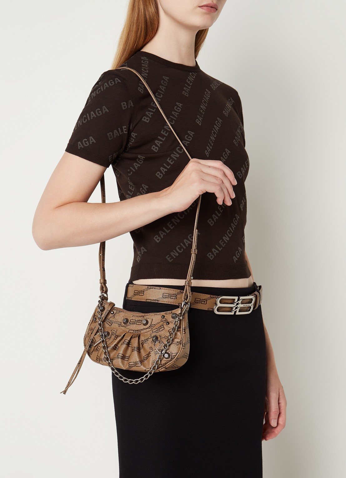 Balenciaga Le Cagole Mini schoudertas van lamsleer met studs - voorkant 5 lichtbruin