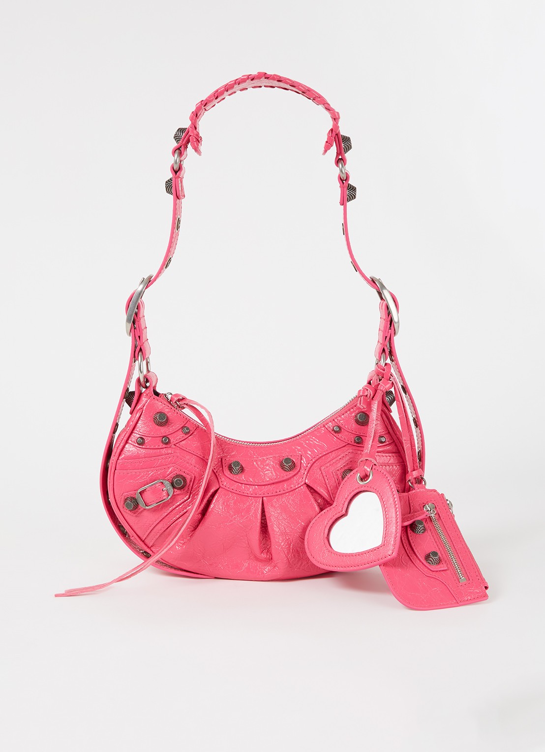 Balenciaga Le Cagole XS schoudertas van lamsleer met studs - voorkant 2 donkerroze