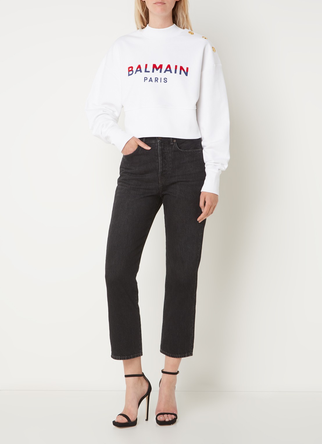Balmain Cropped sweater met logo flockprint en sierknopen - voorkant 3 wit