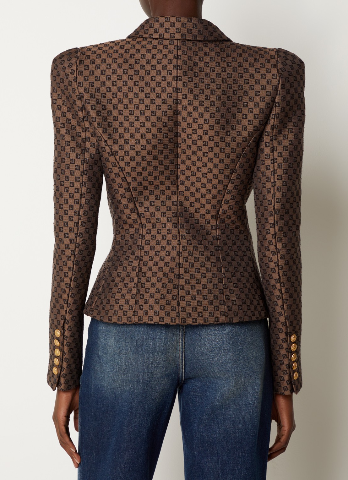 Balmain Double-breasted blazer met schoudervulling en logo jacquard dessin  - achterkant 3 bruin