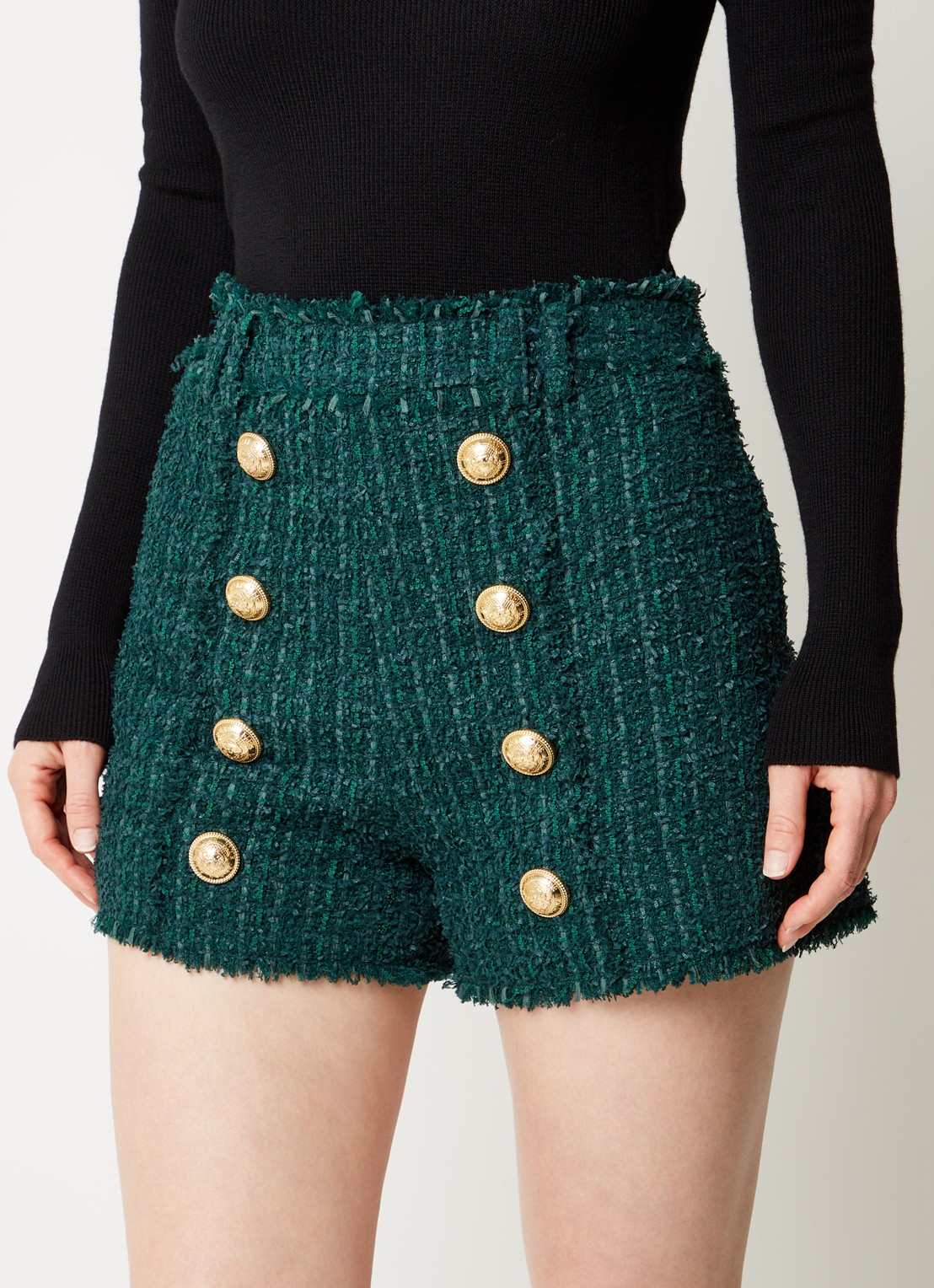 Balmain High waist straight fit korte broek van tweed - detail 3 groen