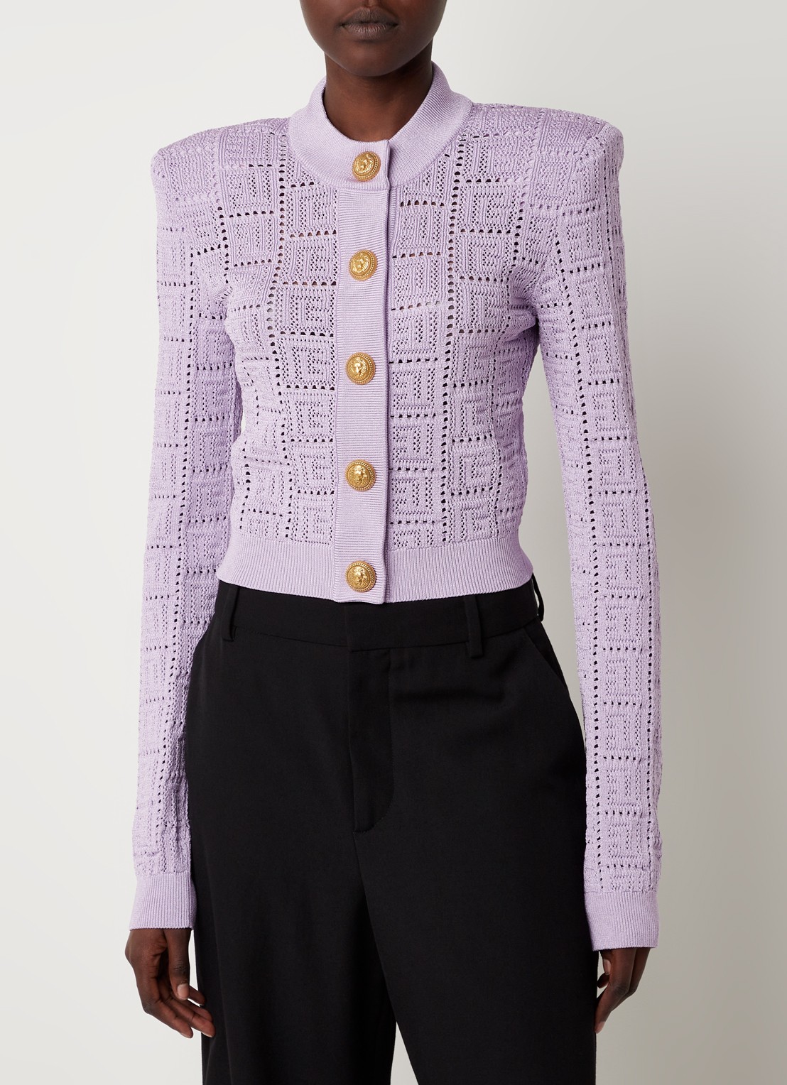 Balmain Kabelgebreid cropped vest met opengewerkt dessin - detail lavendel
