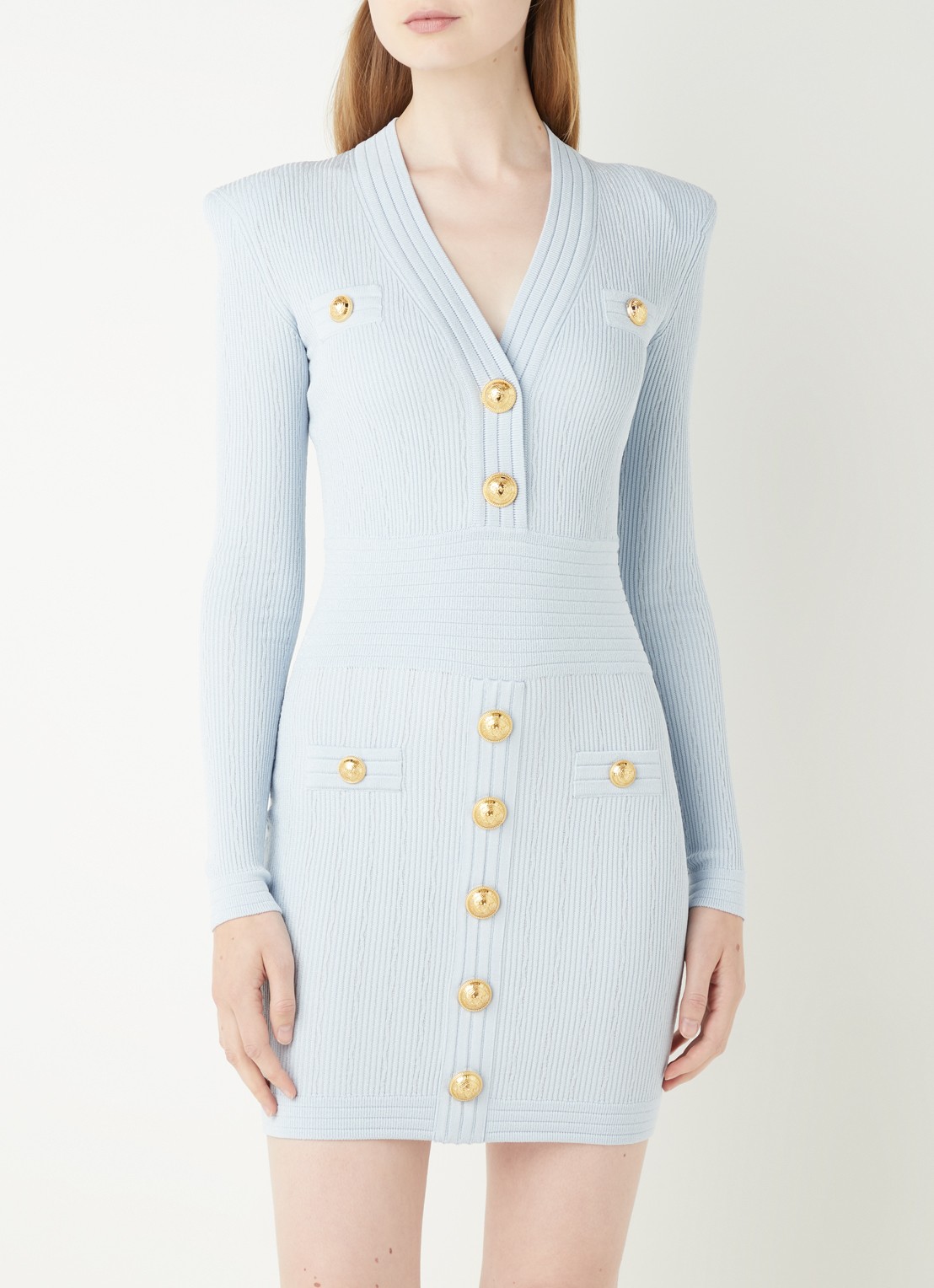 Balmain Mini jurk met ribstructuur en sierknopen - detail lichtblauw