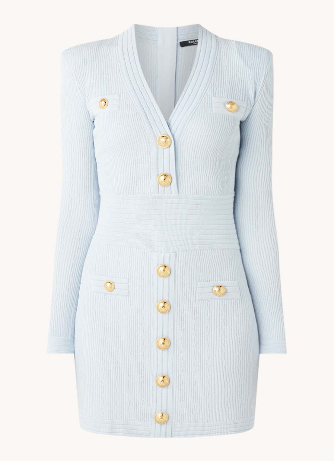 Balmain Mini jurk met ribstructuur en sierknopen - voorkant 3 lichtblauw