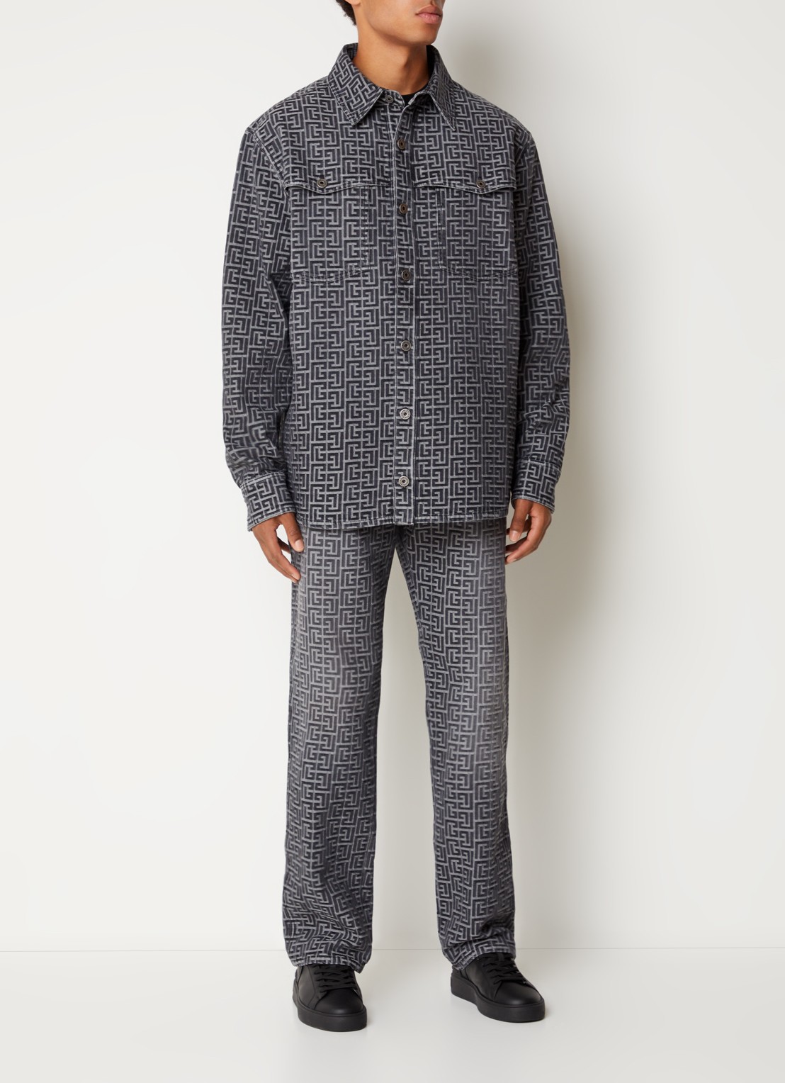 Balmain Regular fit overshirt van denim met logoprint - voorkant 3 zwart