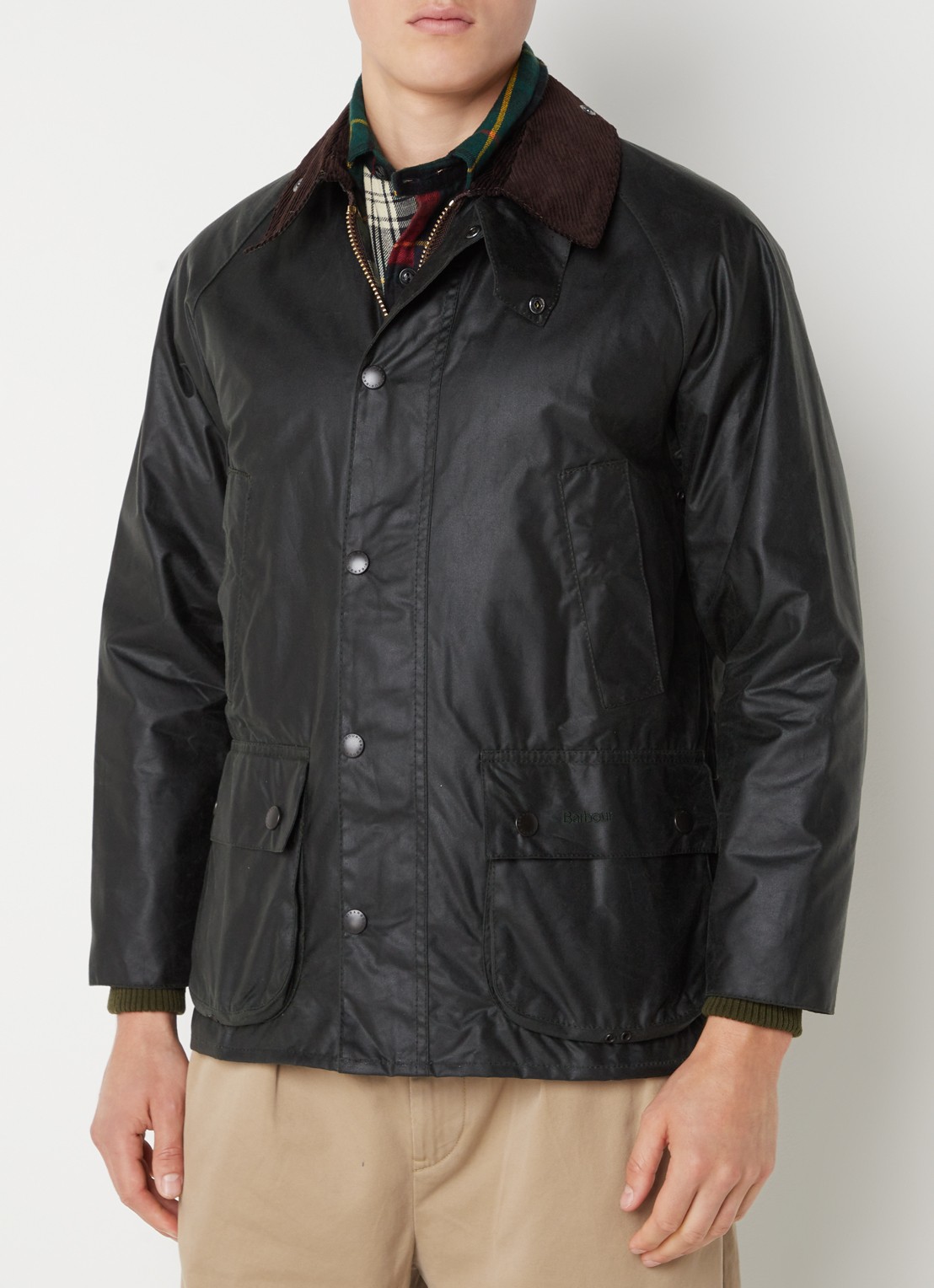 Barbour Bedale jack met opgestikte zakken en kraag van corduroy  - detail 3 bronsgroen