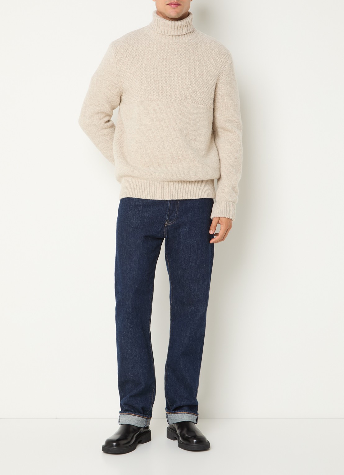 Barbour Northcliffe grofgebreide coltrui van wol - voorkant 4 beige