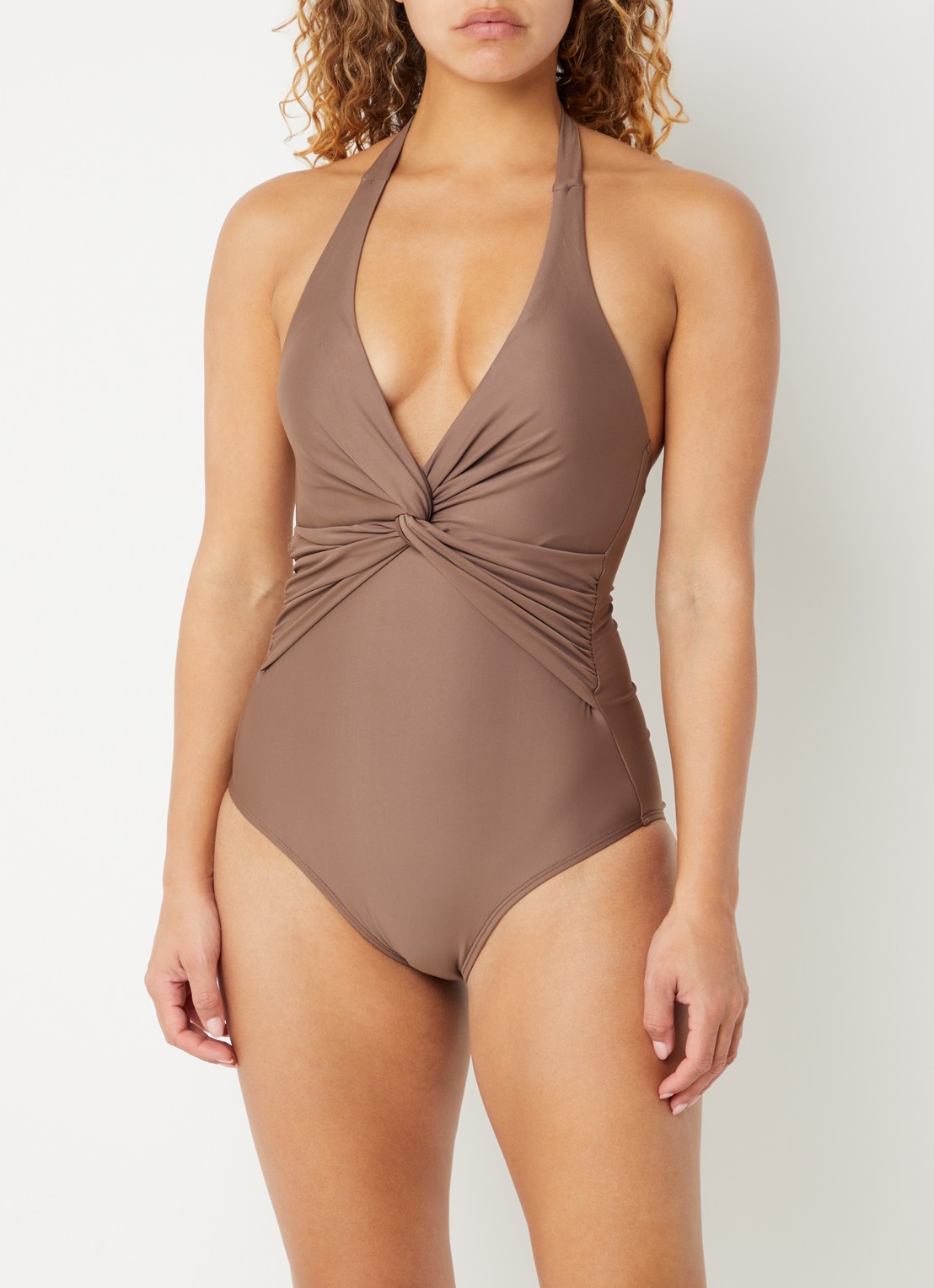 Barts Kellie Halter corrigerend badpak met knoopdetail - voorkant 4 lichtbruin