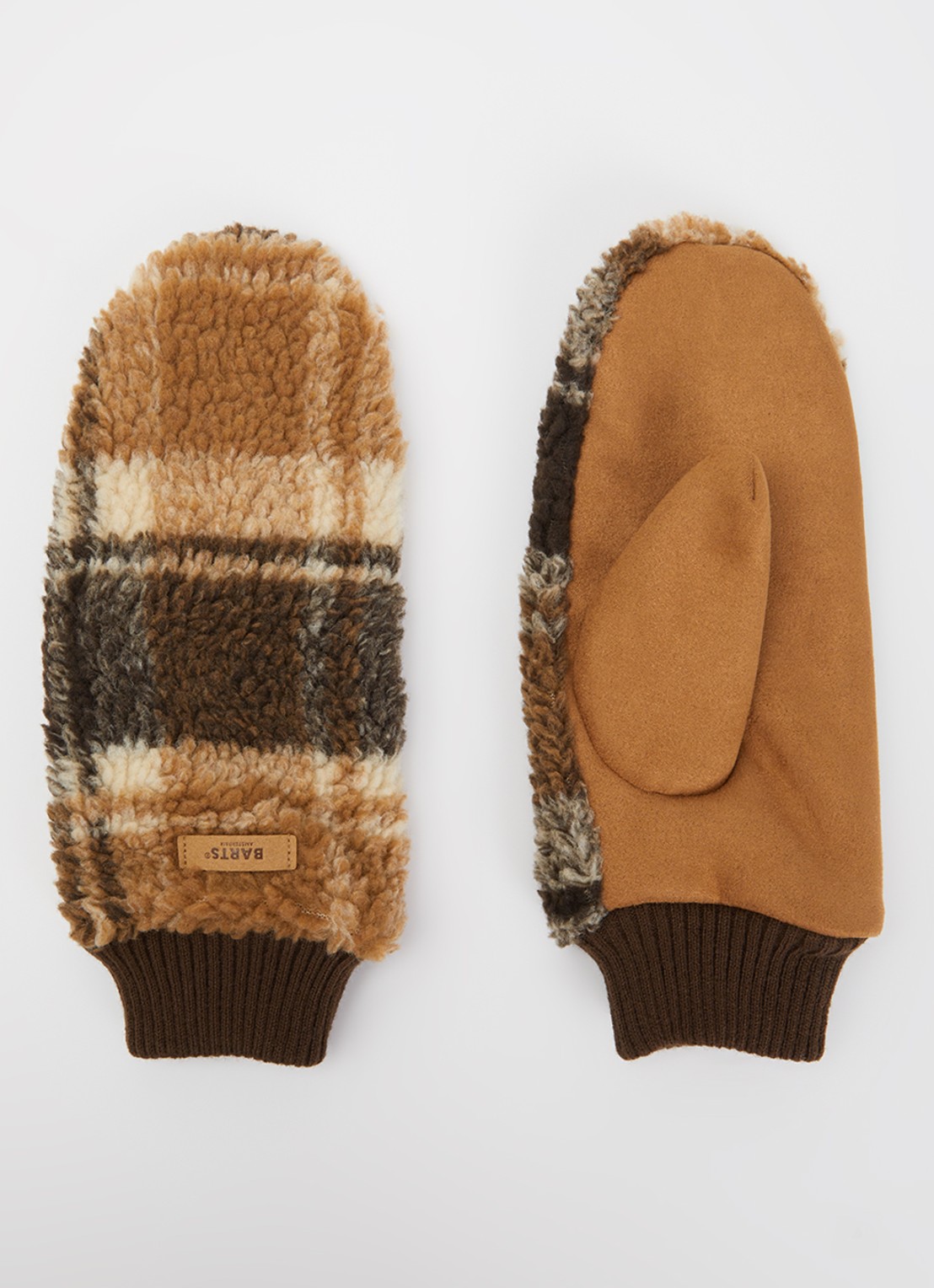 Barts Teddy wanten van teddy met ruitdessin  - voorkant camel