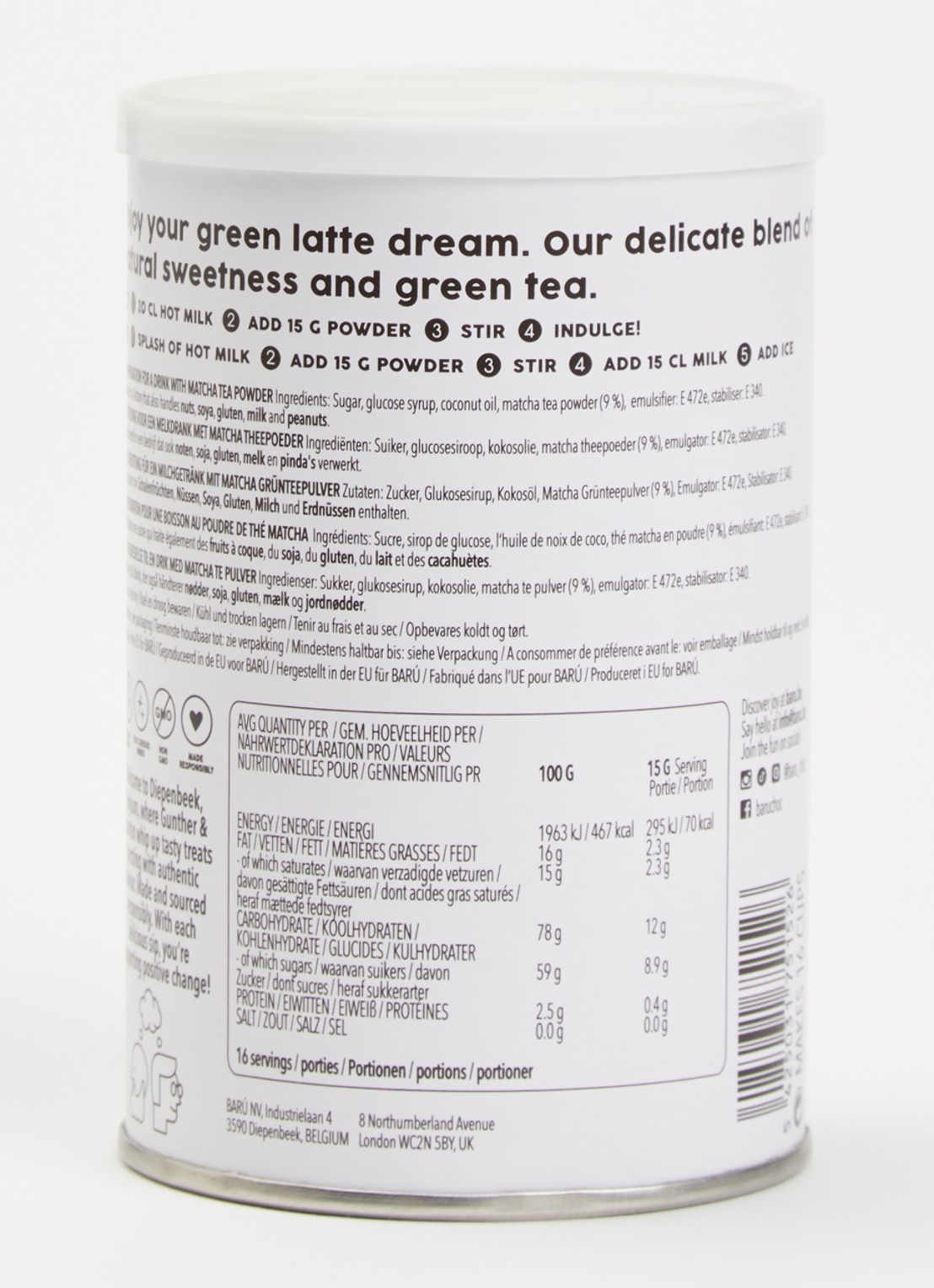 Barú Matcha Latte losse thee 250 gram - achterkant 2 lichtgroen