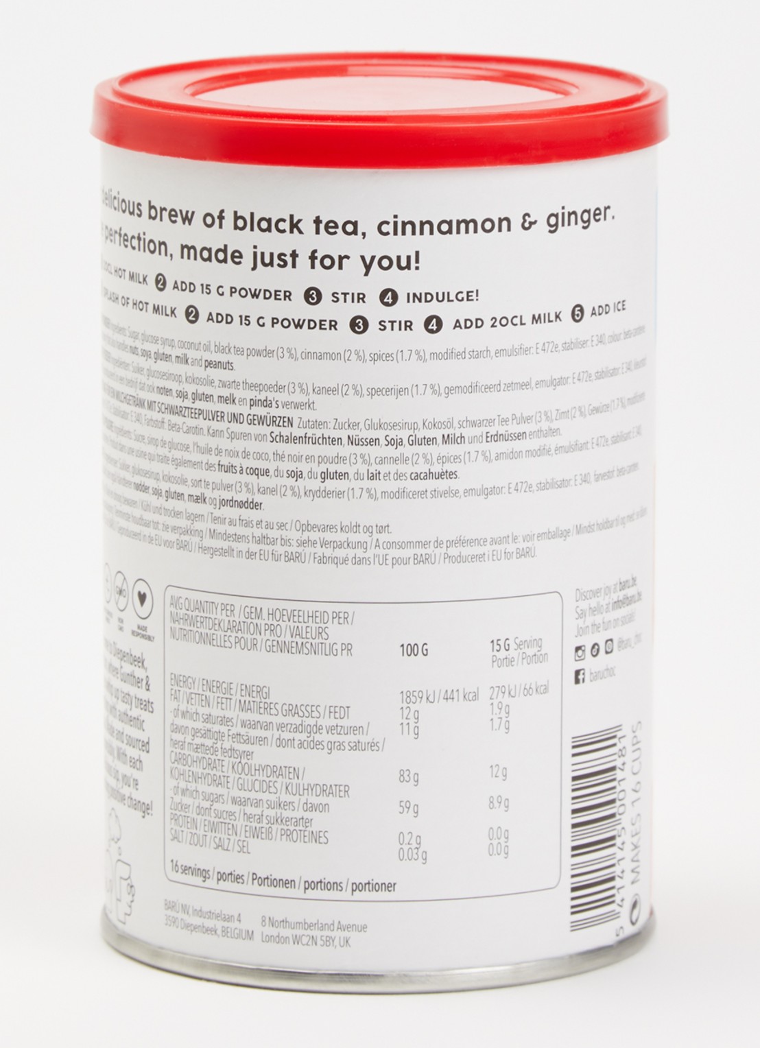 Barú Spiced Chai Latte losse thee 250 gram - achterkant 2 zwart